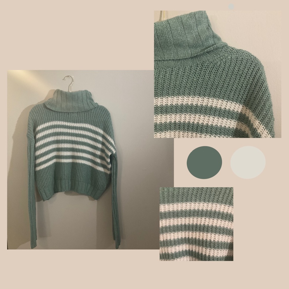 Cowl Neck Knit Sweater Teal and White